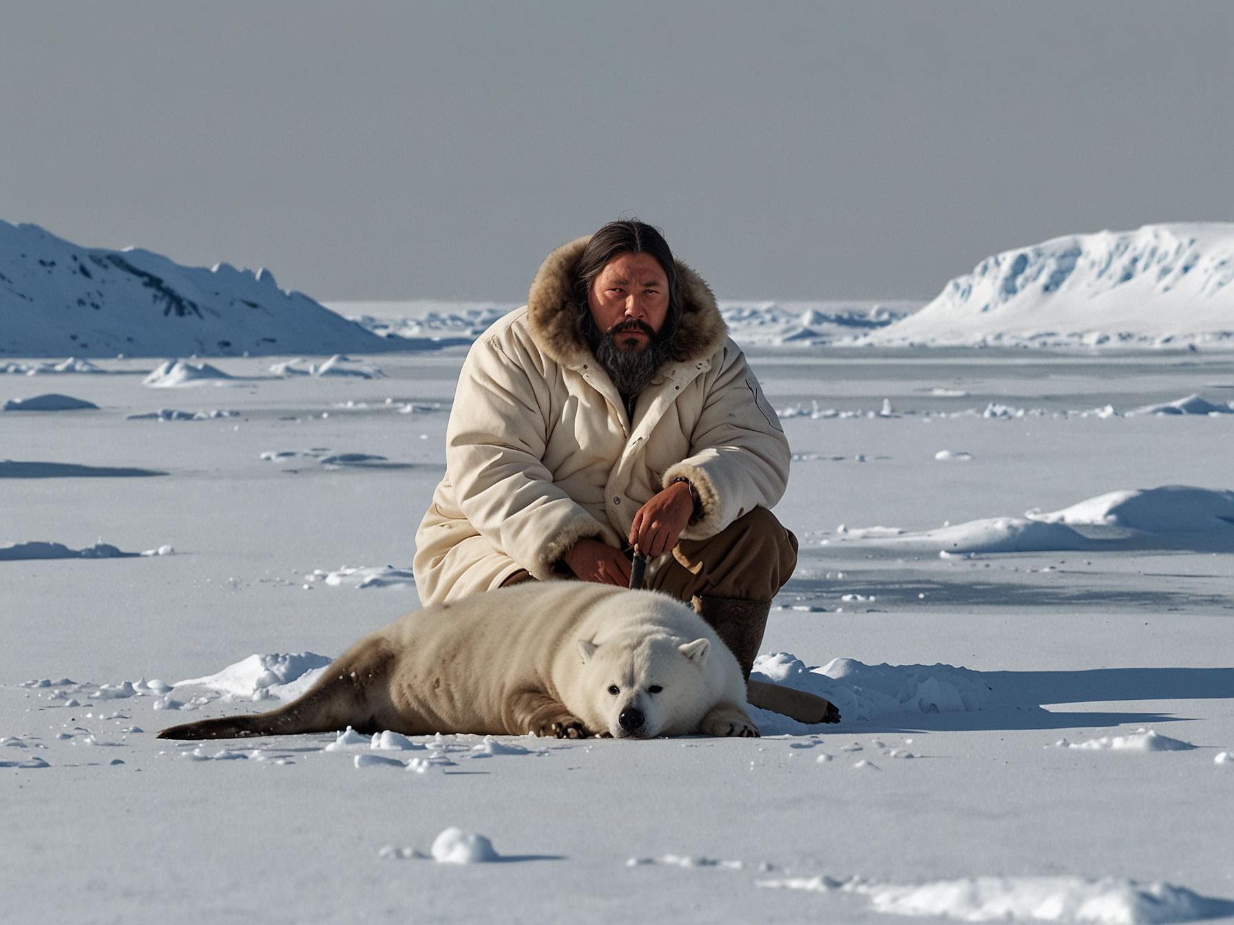 Hjelmer Hammeken, an Inuit hunter, dressed in white camouflage, lies on the snowy ice, patiently waiting near a seal's breathing hole, highlighting traditional Inuit hunting techniques.