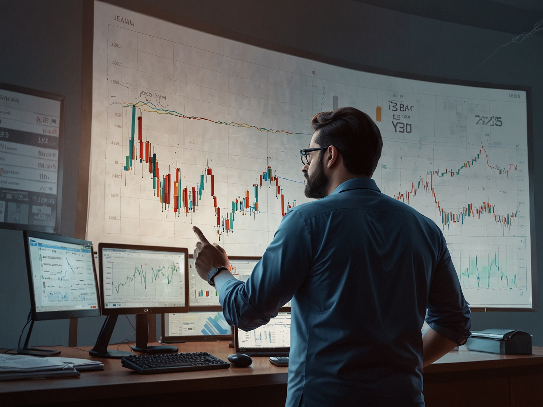 Investors analyzing Yes Bank share price data on 18 June 2024, with charts and real-time updates on a screen. Highlights the importance of staying informed for investment decisions.