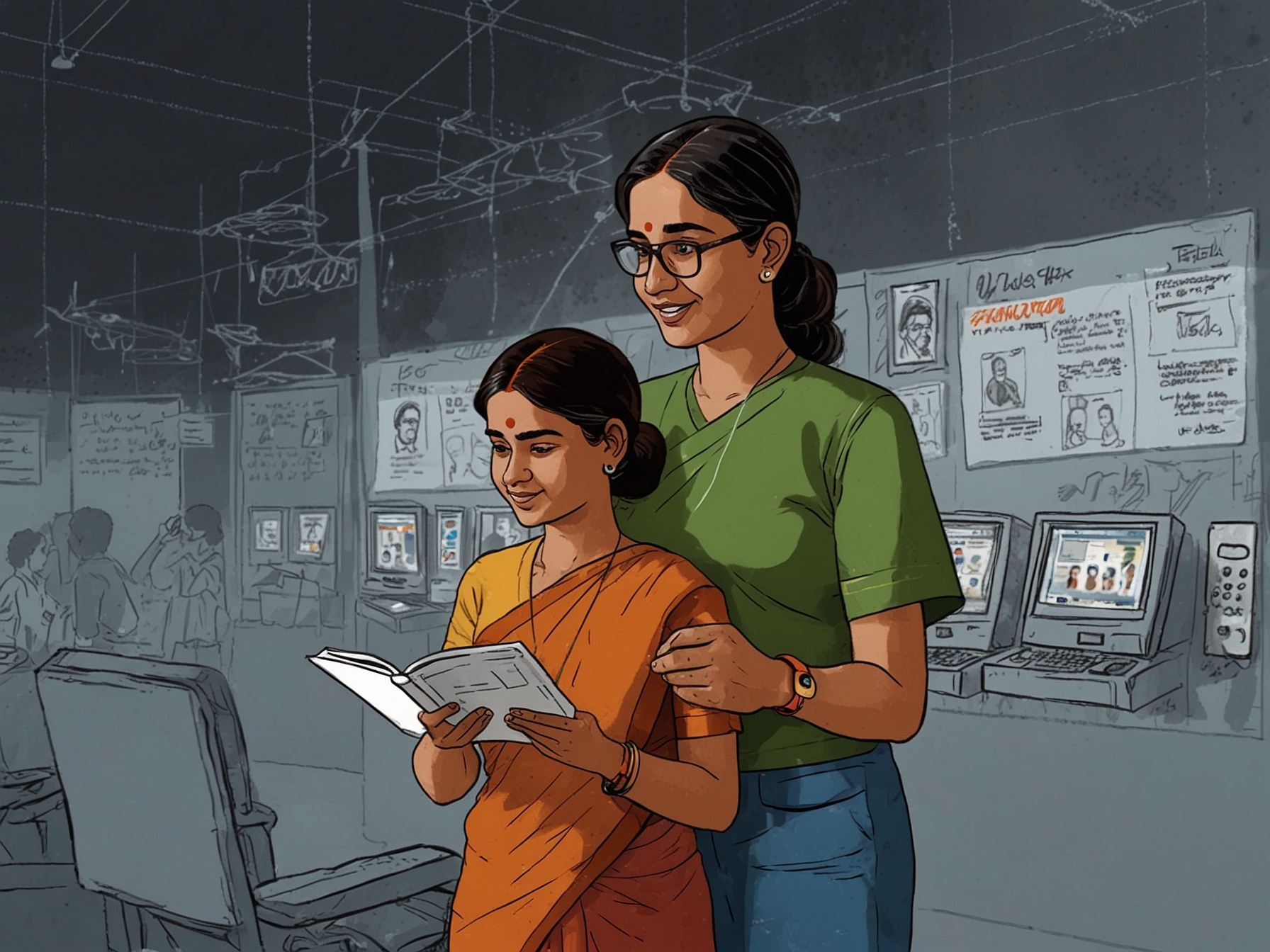 An illustration showing India's initiatives like Aadhaar and UPI, highlighting how technology empowers people, improves access to essential services, and promotes inclusive growth.
