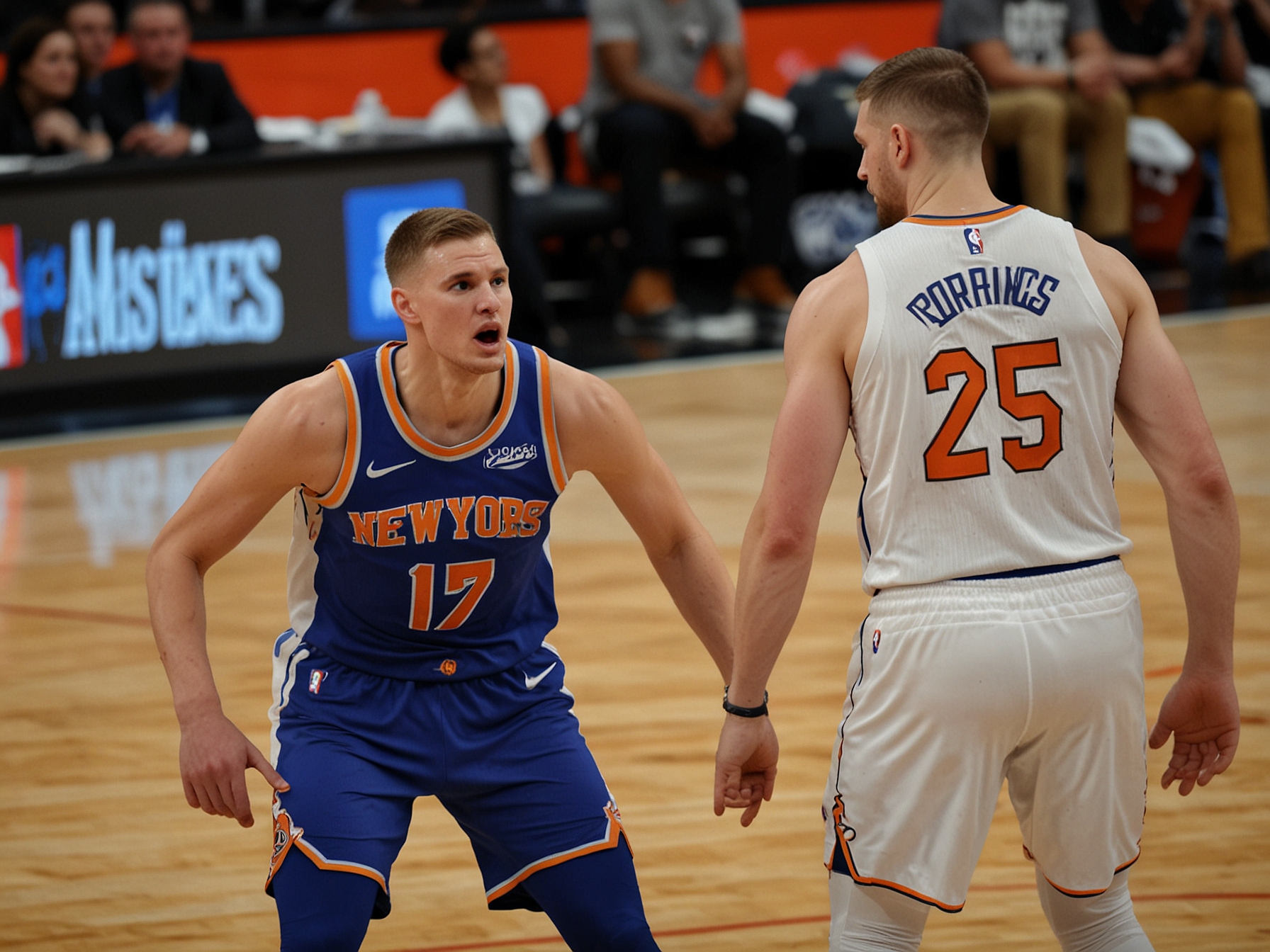 An intense moment in Game 5 of the NBA Finals as Kristaps Porzingis is tossed to the ground during a heated exchange under the basket, drawing attention to the physical play.