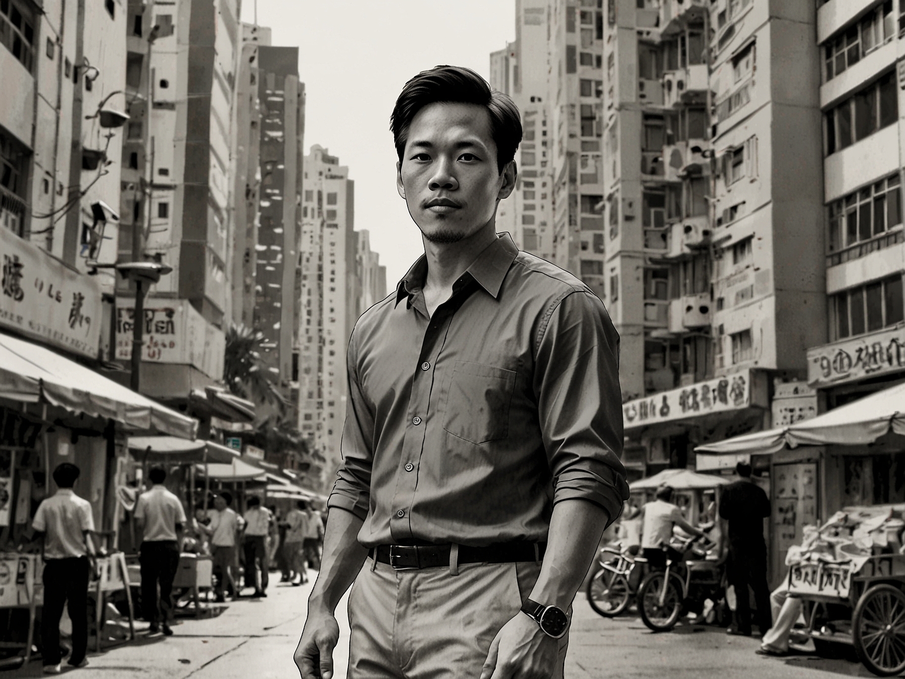 Byron Mann stands in front of iconic Hong Kong landmarks, including bustling street markets and towering skyscrapers, highlighting the city's vibrant essence in his film The Modelizer.
