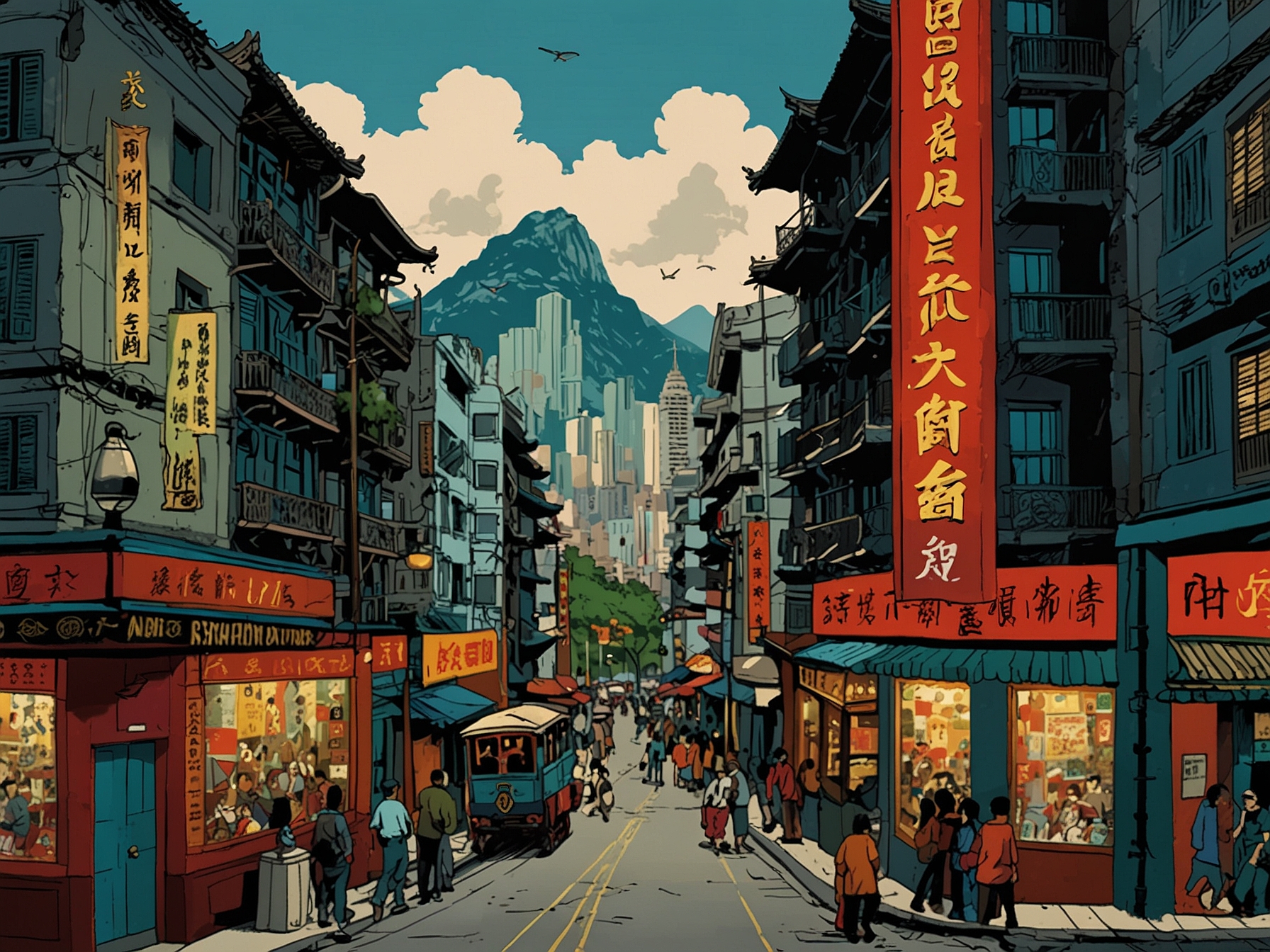 The Modelizer movie poster featuring a vivid collage of Hong Kong scenes, from traditional Chinese customs to British colonial influences, emphasizing the city's cultural diversity and dynamic landscape.